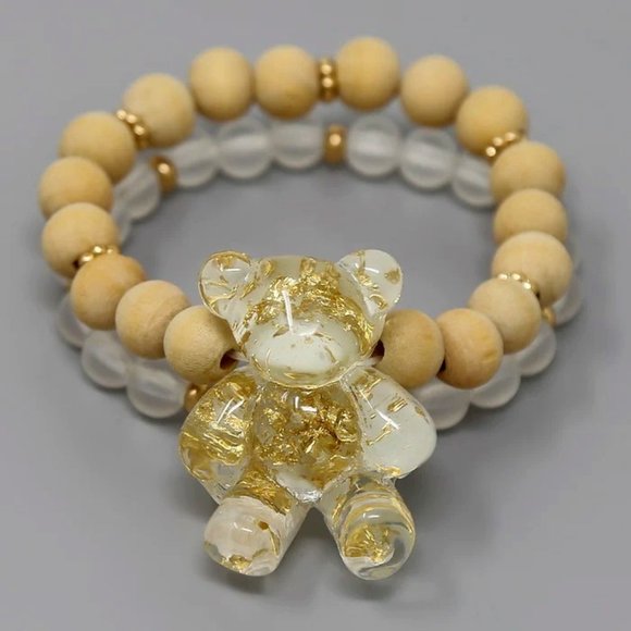 Foil Flake Teddy Bear Charm Beaded Stretch Bracelet Set - Picture 2 of 3